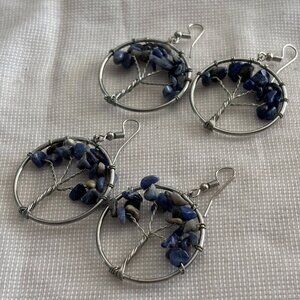 Set of 2 – Tree of Life Wire-Wrapped Earrings | Blue & Gray Chip Stone Dangles